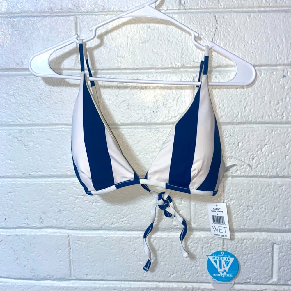 NWT WET ETHICAL LA Bikini Top Navy Stripe Adjustable Shoulder Strap Pads $98